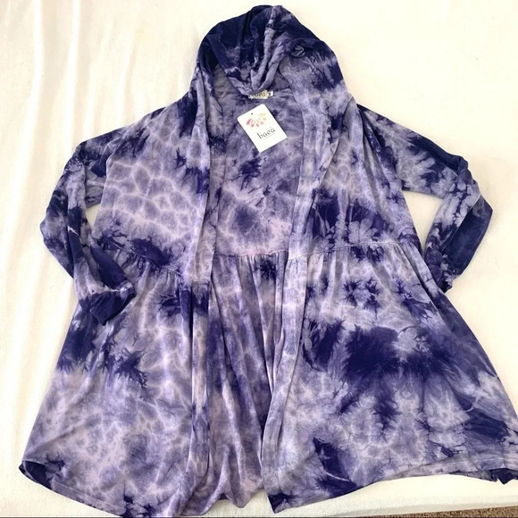 Oversized  PurpleTie Dye Hooded Cardigan Jacket Open Front Long Sleeve Boho - Picture 3 of 6